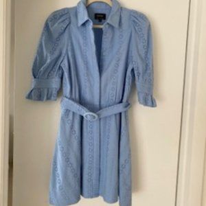 Bardot Blue Eyelit belted button down mini dress